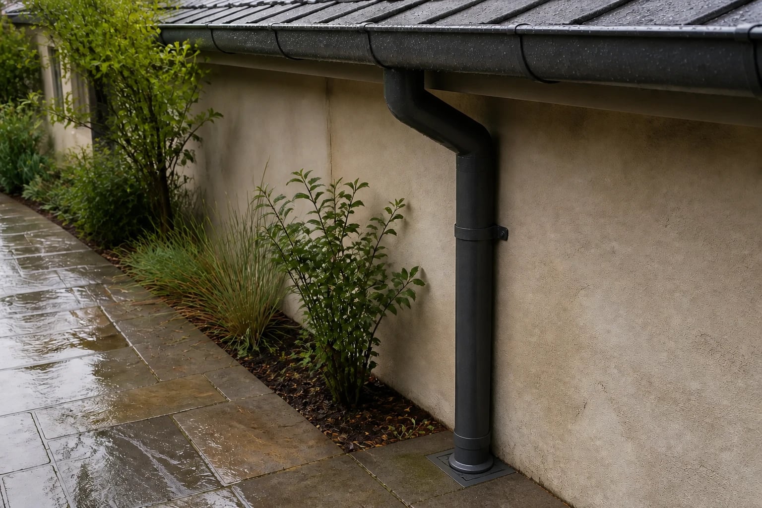 Charcoal gutter and downpipe connected to stormwater beside a wet garden path